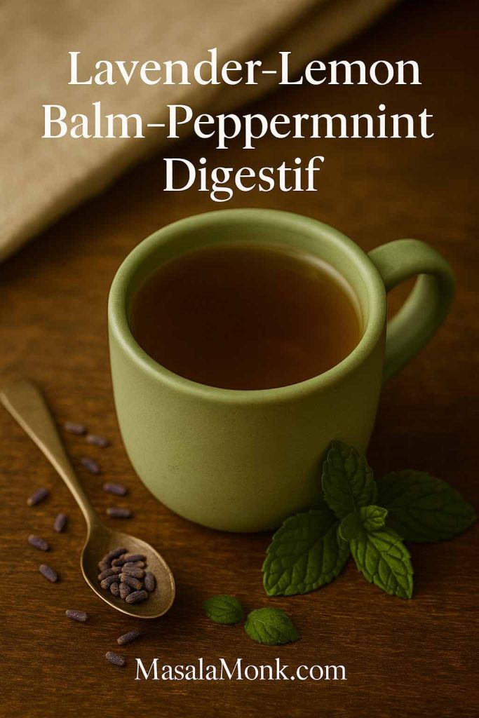 Green ceramic cup of Lavender–Lemon Balm–Peppermint Digestif tea with fresh mint leaves and lavender buds beside a spoon.