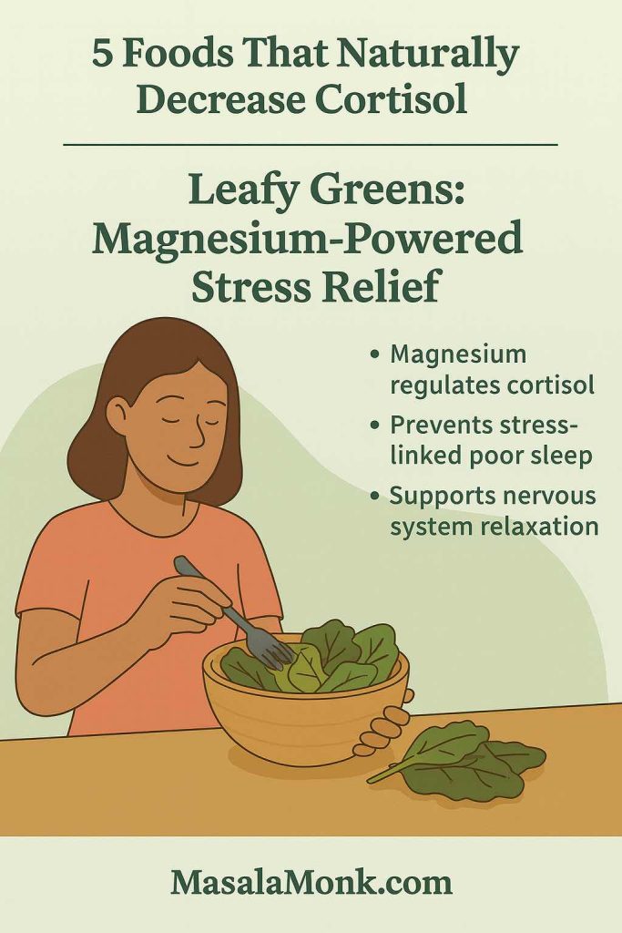 “Digital graphic of leafy greens with tagline ‘Magnesium-Powered Stress Relief’ promoting spinach and kale as natural cortisol reducers.”