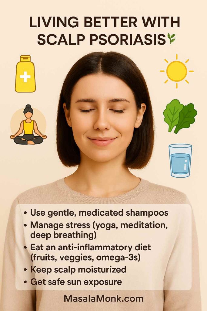 Educational infographic of a smiling young woman with closed eyes, surrounded by icons representing scalp psoriasis self-care tips: medication, yoga/meditation, leafy greens, sun exposure, and hydration. Text highlights lifestyle tips including gentle shampoos, stress management, anti-inflammatory diet, moisturizing, and safe sun exposure. Footer shows MasalaMonk.com.