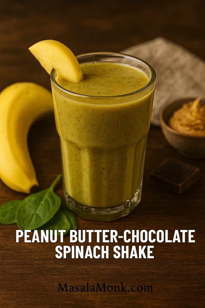 "A tall glass of Peanut Butter-Chocolate Spinach Shake topped with a banana slice, surrounded by fresh spinach leaves, banana, peanut butter, and a piece of chocolate."