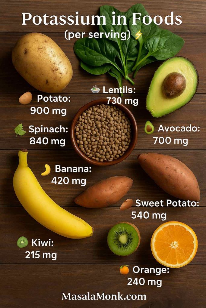 Photo-realistic food comparison chart showing potassium levels in banana, potato, sweet potato, avocado, spinach, lentils, kiwi, and orange.