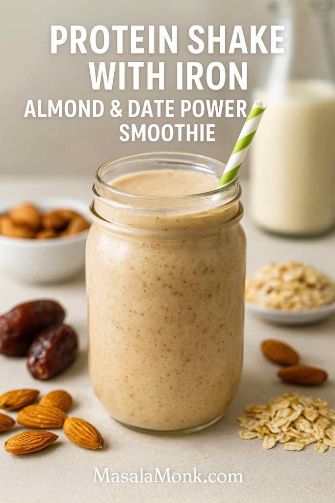Protein shake rich in iron made with almonds, dates, oats, and soy milk for anemia and energy - MasalaMonk High Iron Smoothies & Shakes Recipe Ideas
