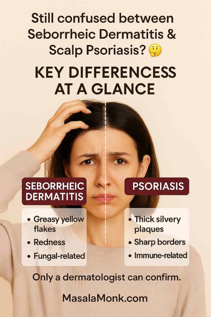 Educational summary infographic comparing Seborrheic Dermatitis and Scalp Psoriasis. Seborrheic Dermatitis described as greasy yellow flakes, redness, and fungal-related. Psoriasis described as thick silvery plaques, sharp borders, and immune-related. Visual includes a split-face portrait of a woman with text labels highlighting differences. Footer includes reminder to consult a dermatologist. MasalaMonk.com.