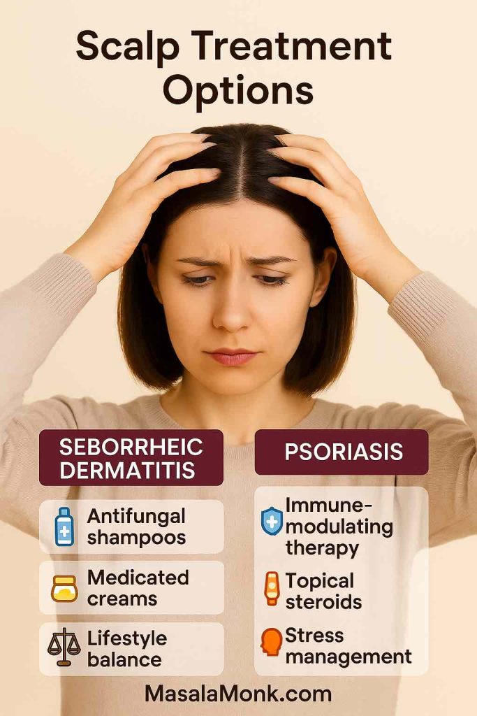 Educational infographic comparing treatment options for Seborrheic Dermatitis and Psoriasis. Seborrheic Dermatitis section lists antifungal shampoos, medicated creams, and lifestyle balance. Psoriasis section highlights immune-modulating therapy, topical steroids, and stress management. A young woman holds her head, symbolizing scalp irritation. Footer text: MasalaMonk.com.