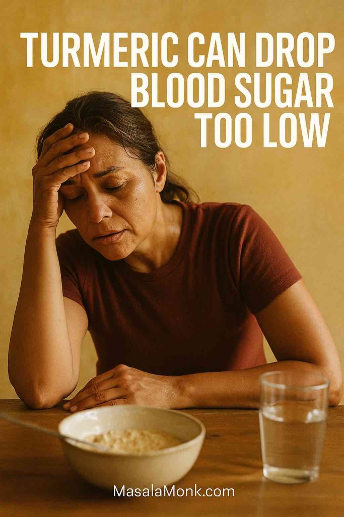 Woman dizzy at table – turmeric low blood sugar side effect.