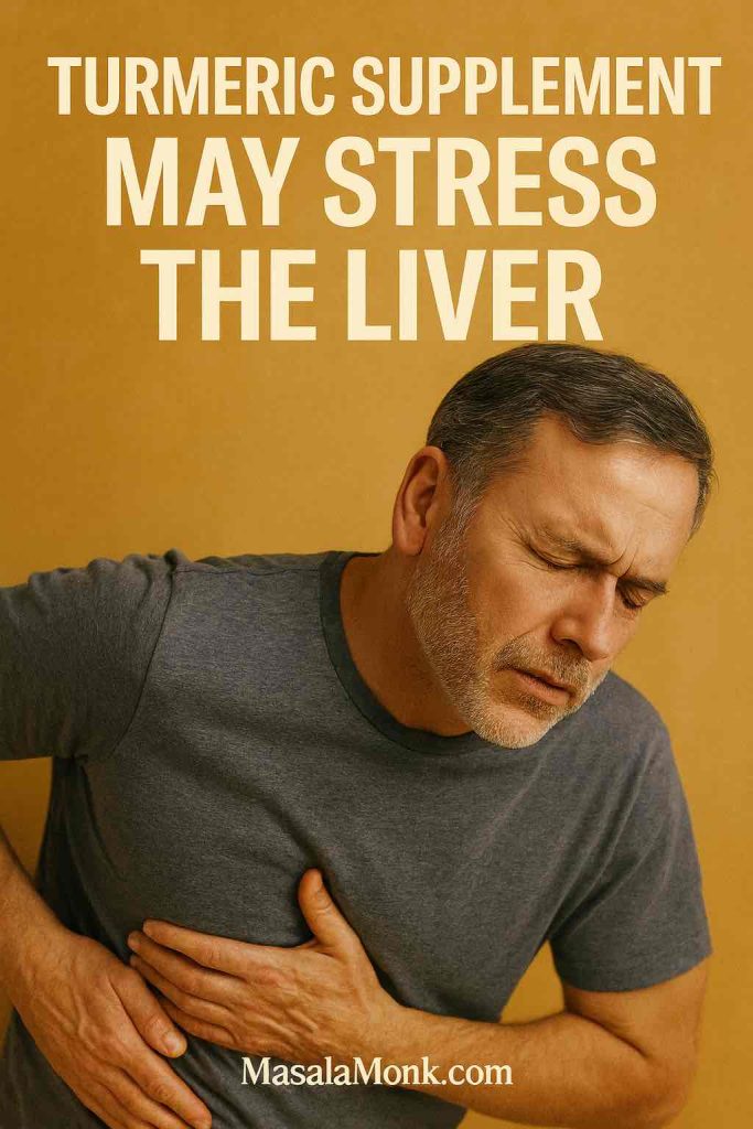 Man clutching liver area – turmeric liver damage side effect.