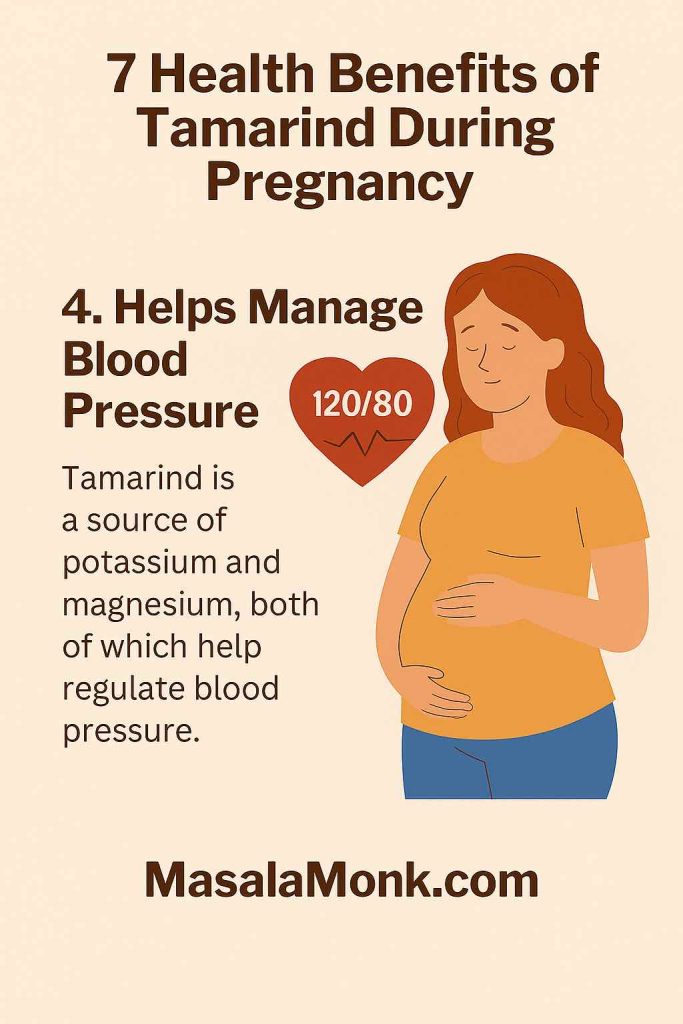 Infographic of a pregnant woman with a heart icon, showing tamarind in pregnancy helps regulate blood pressure.