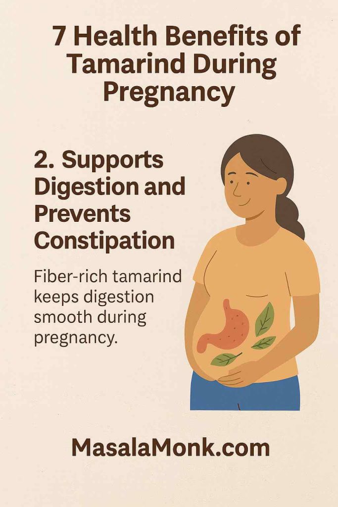 Graphic of a pregnant woman with a healthy stomach, highlighting tamarind in pregnancy as a natural remedy for constipation.
