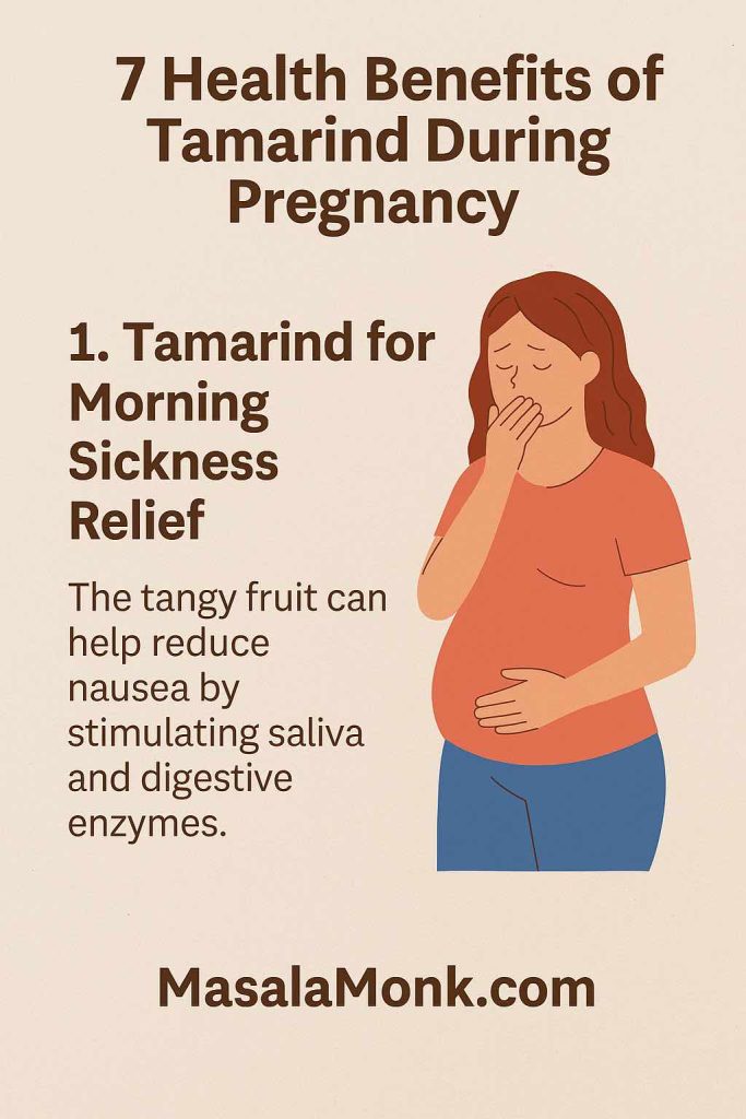 Illustration of a pregnant woman with morning sickness, showing how tamarind in pregnancy helps relieve nausea naturally.