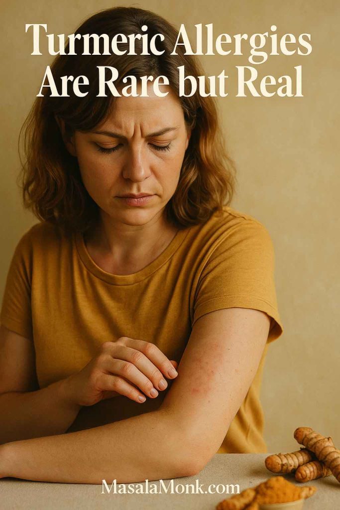 Woman with skin rash – turmeric allergy adverse effect.