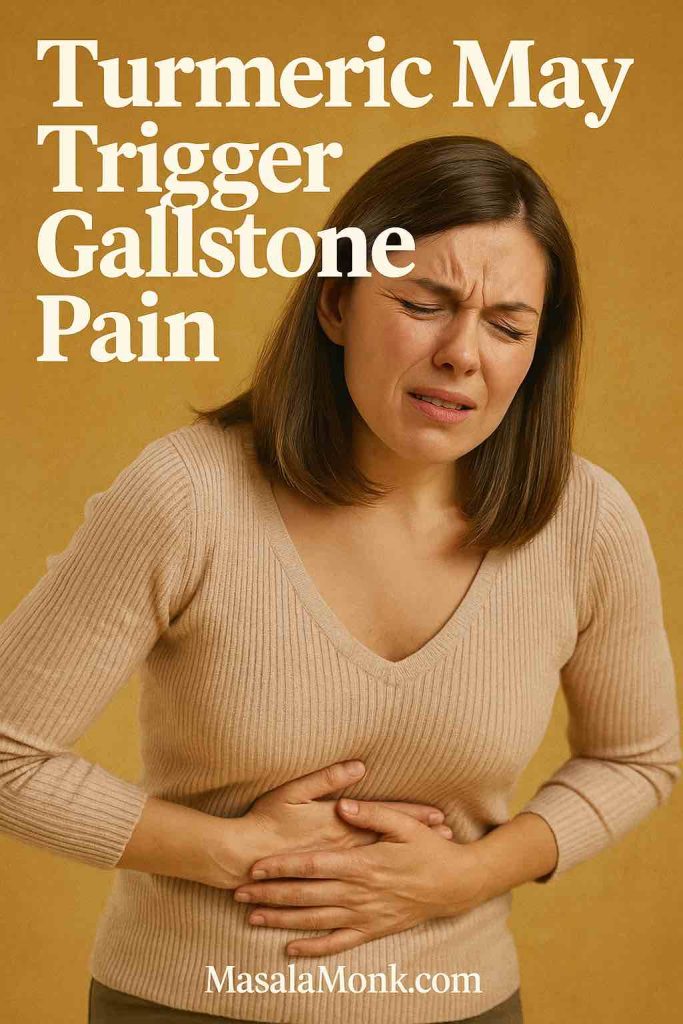 Woman holding stomach in pain – gallstone pain as a side effect of turmeric.