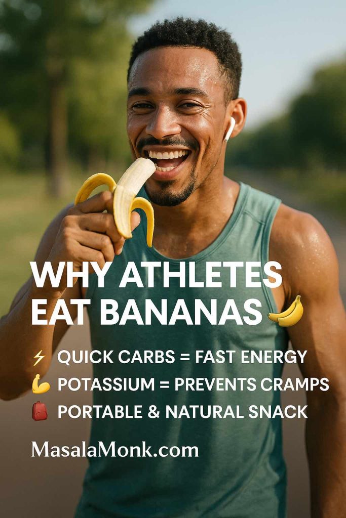 Photo of an athlete eating a banana with text showing benefits: quick energy, potassium prevents cramps, portable natural snack.