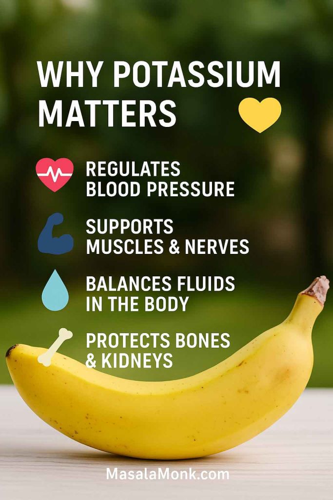 Infographic with icons showing four benefits of potassium: regulates blood pressure, supports muscles and nerves, balances fluids, and protects bones and kidneys.