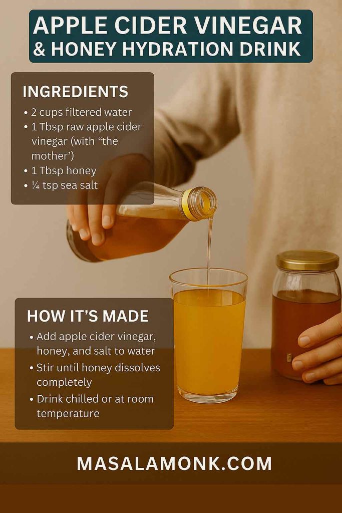 Glass of apple cider vinegar and honey electrolyte hydration drink for hangover relief and digestion support.