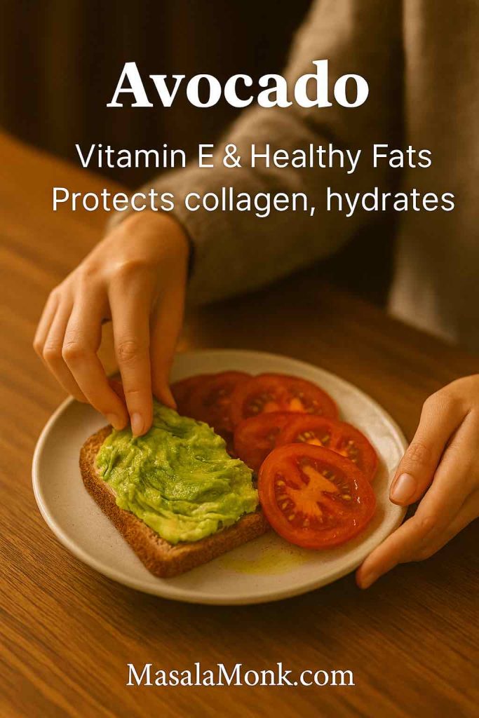 Spreading avocado on toast with sliced tomatoes, highlighting vitamin E and healthy fats for skin hydration.