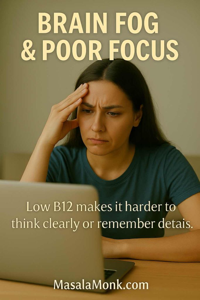 Woman staring at laptop, hand on forehead, struggling with brain fog and poor focus from low B12.