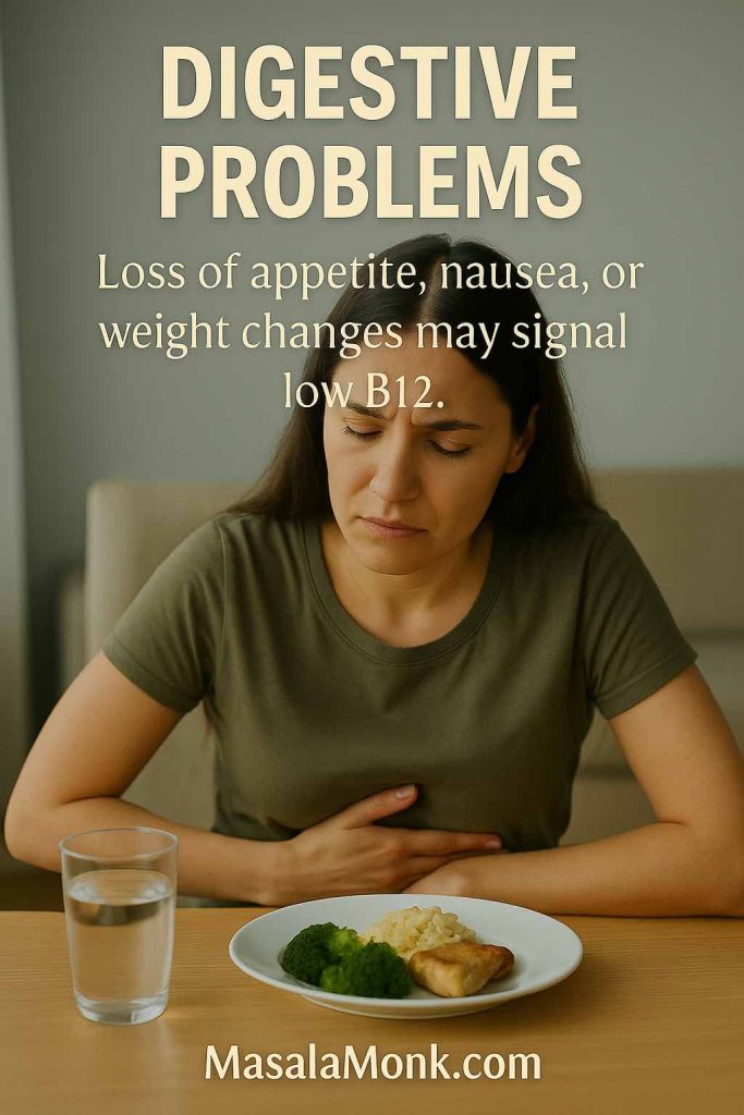 Woman sitting at table with untouched food, holding her stomach in discomfort from digestive problems.