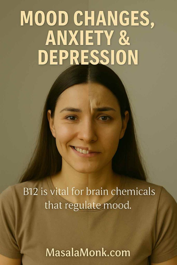 Split-tone portrait of a woman, half smiling and half anxious, symbolizing mood changes from Vitamin B12 deficiency.