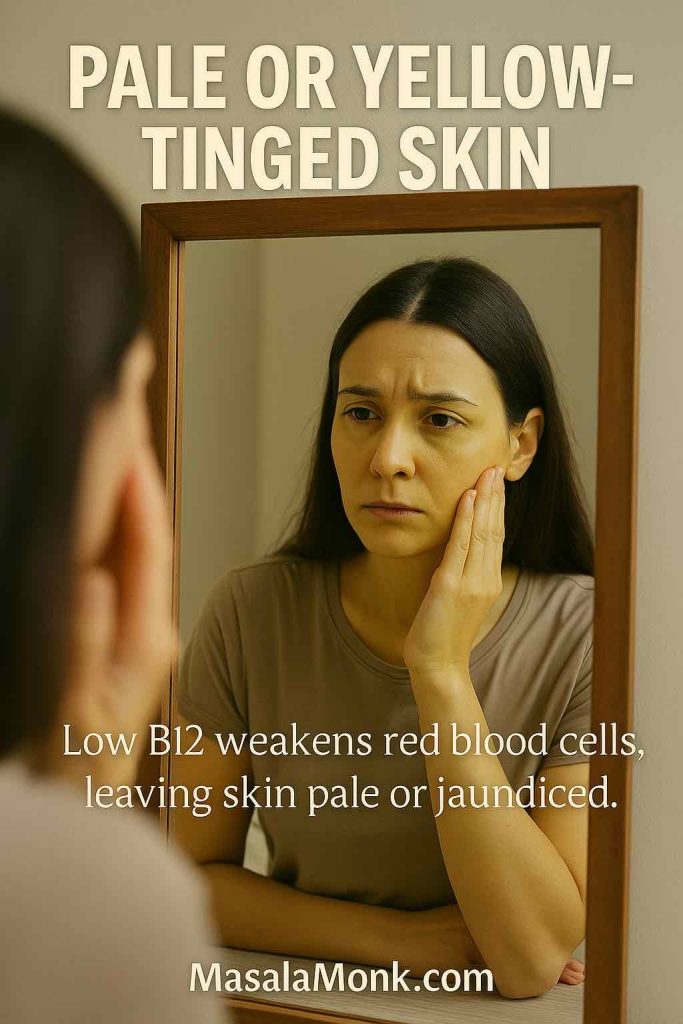 Woman checking her pale, slightly yellow-tinged skin in the mirror, a symptom of Vitamin B12 deficiency.