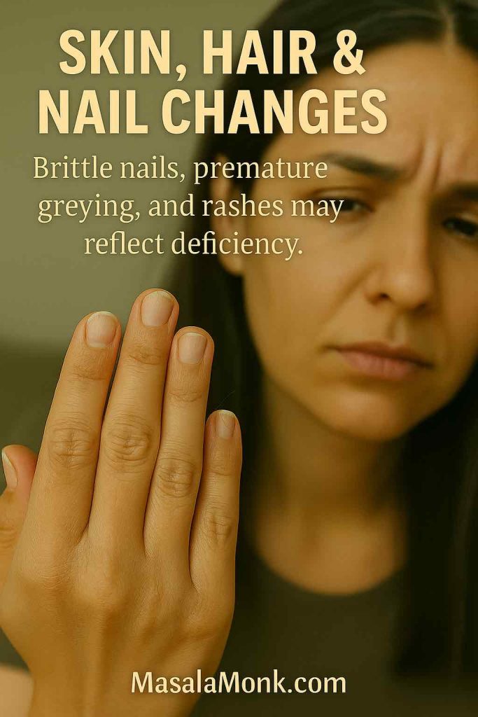 Close-up of woman’s hand with brittle nails, reflecting visible signs of Vitamin B12 deficiency.