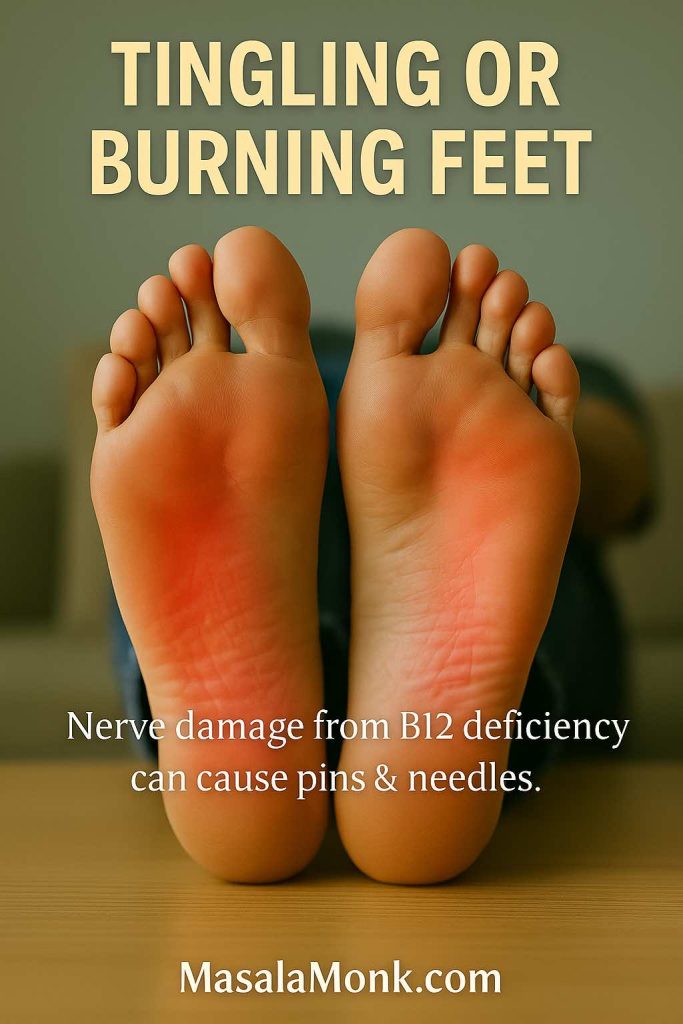 Close-up of bare feet with red glowing soles, showing tingling and burning sensation from B12 deficiency.