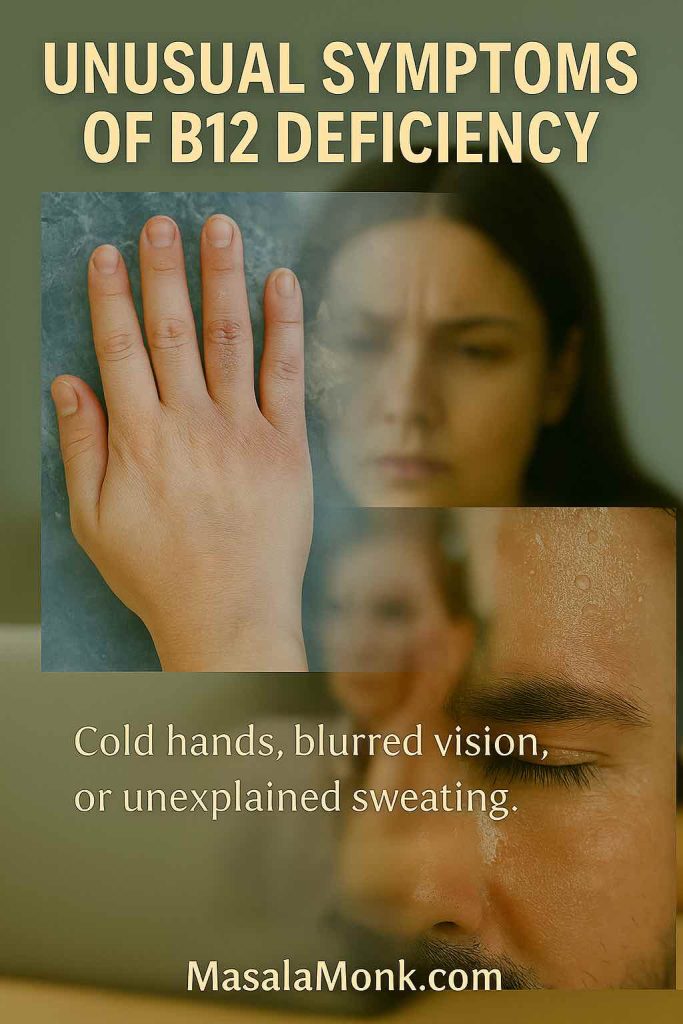 Collage-style photo showing frosty hands, blurred vision, and sweat drops representing unusual B12 deficiency symptoms.