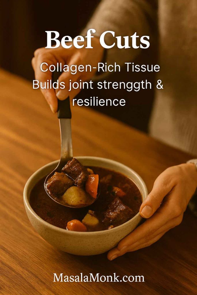 Beef stew with collagen-rich cuts of meat, a collagen food that builds joint strength and resilience.