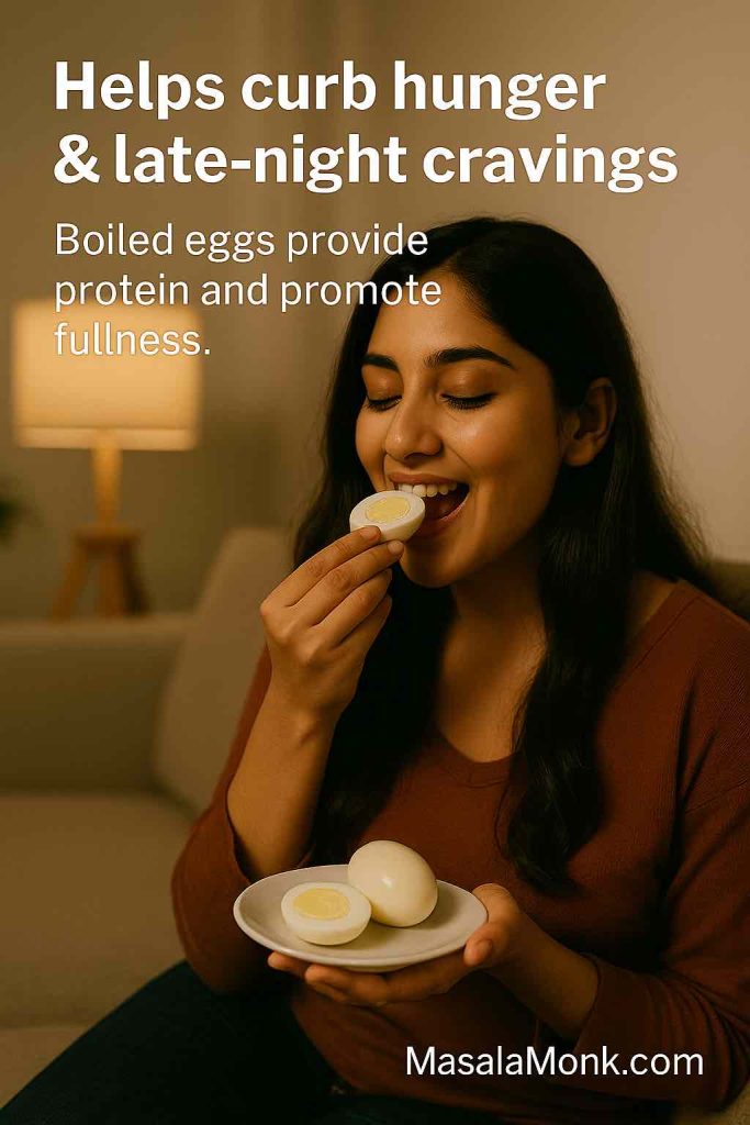 Woman eating boiled egg at night – protein snack to curb late-night cravings and aid recovery.