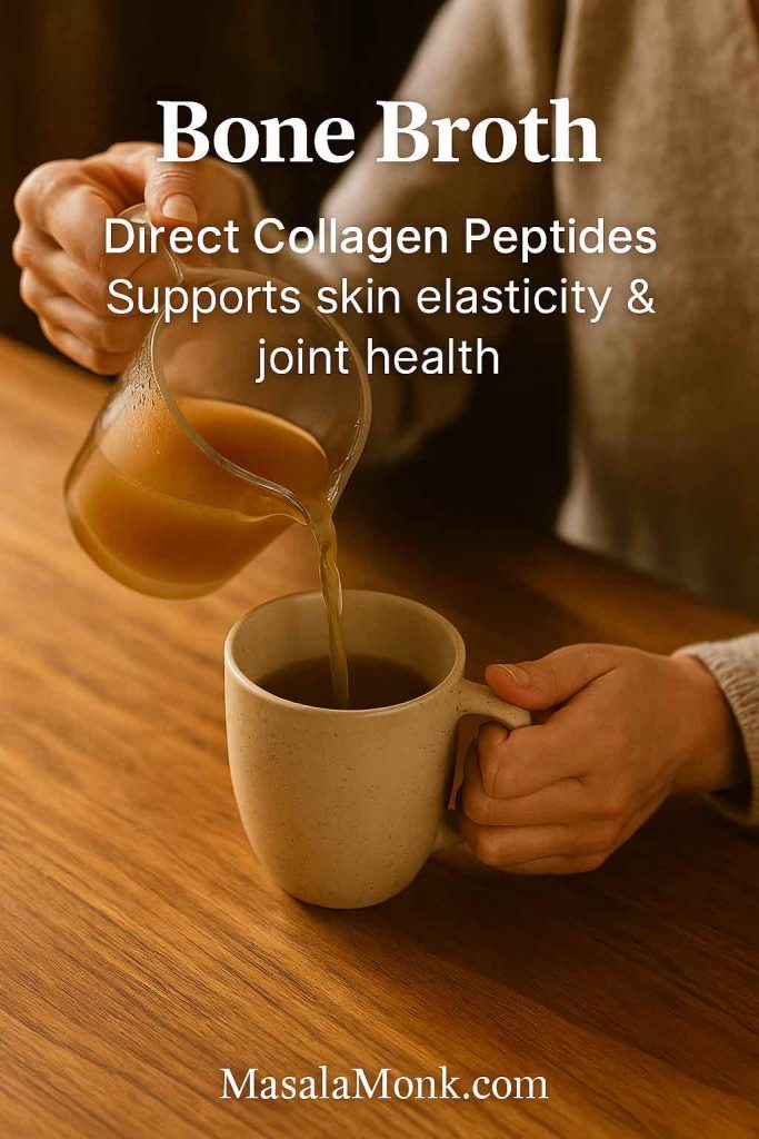 Pouring hot bone broth into a cup, highlighting collagen peptides that support skin and joint health.