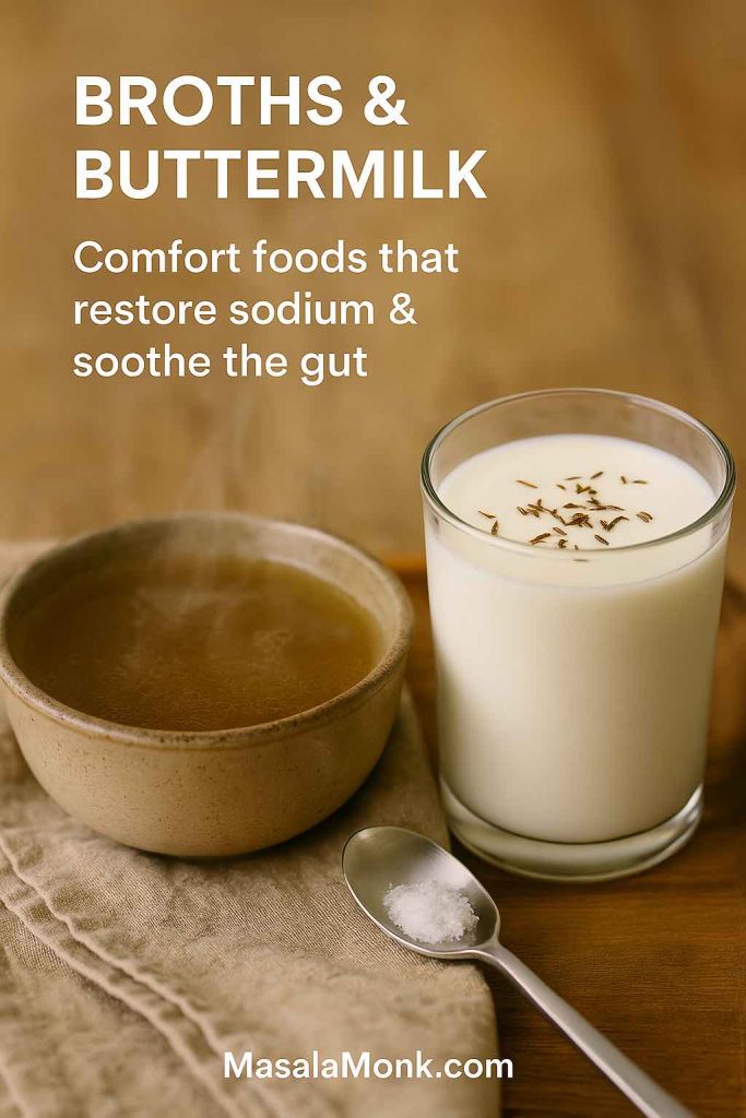 Light broth and salted buttermilk that help restore sodium and soothe the gut during diarrhea.