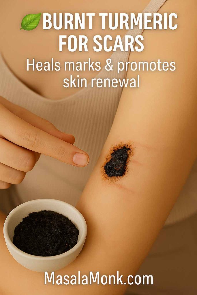 Burnt turmeric shown on a wooden plate as a natural scar treatment.