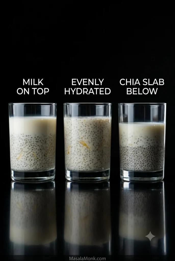 Three clear glasses compare separated chia pudding with milk on top, evenly hydrated chia pudding, and a dense chia layer settled at the bottom beneath thinner liquid.
