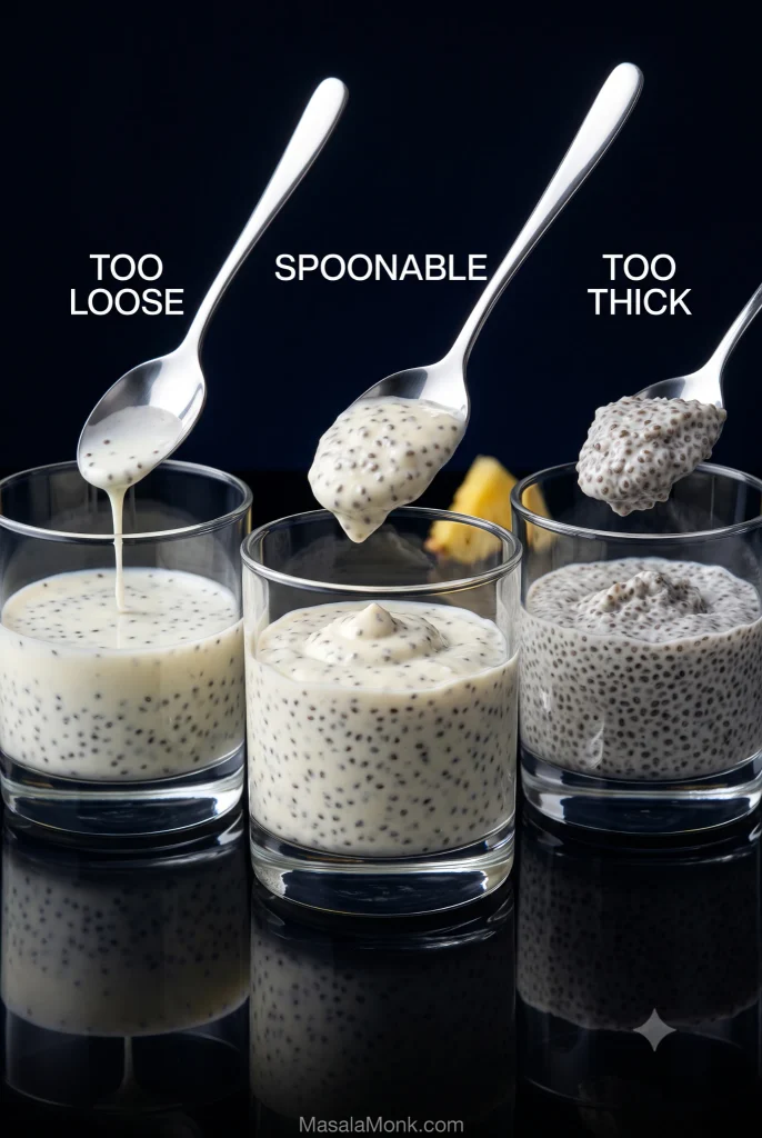 Three glasses compare chia pudding textures: runny pudding dripping from a spoon, properly spoonable pudding holding a soft mound, and very thick pudding forming a dense stiff scoop.