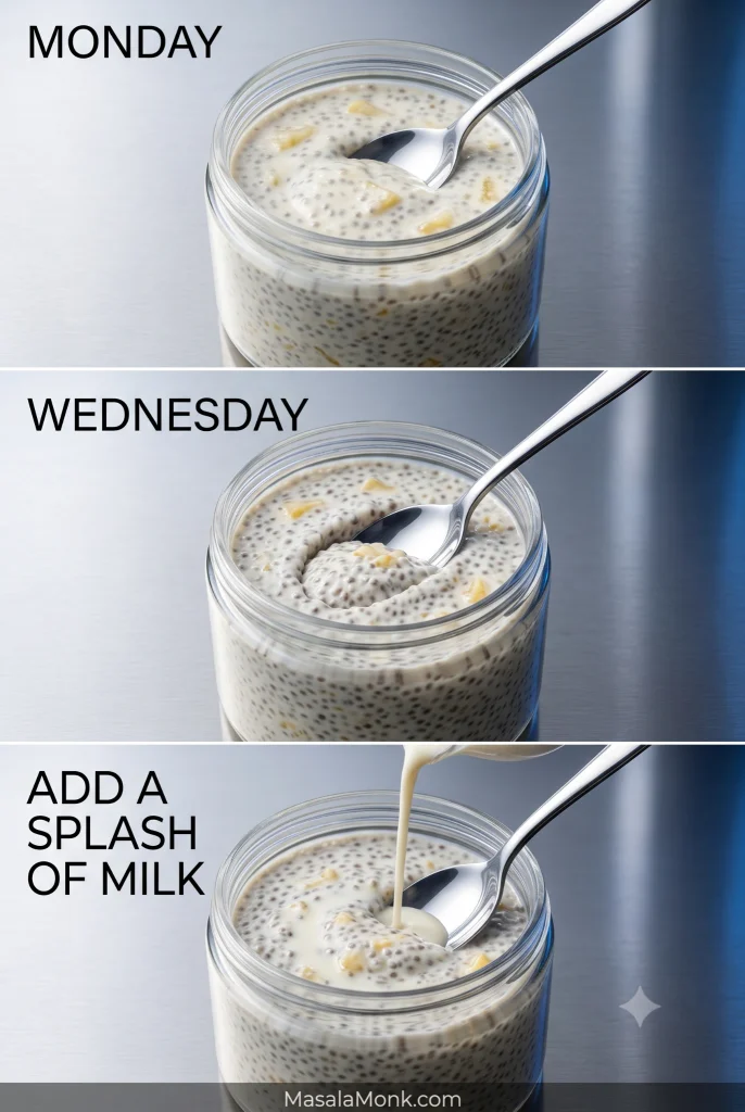 Three stages of stored chia pudding labeled Monday, Wednesday and add a splash of milk, showing a soft pudding, a firmer pudding two days later and milk being poured into the thicker jar.