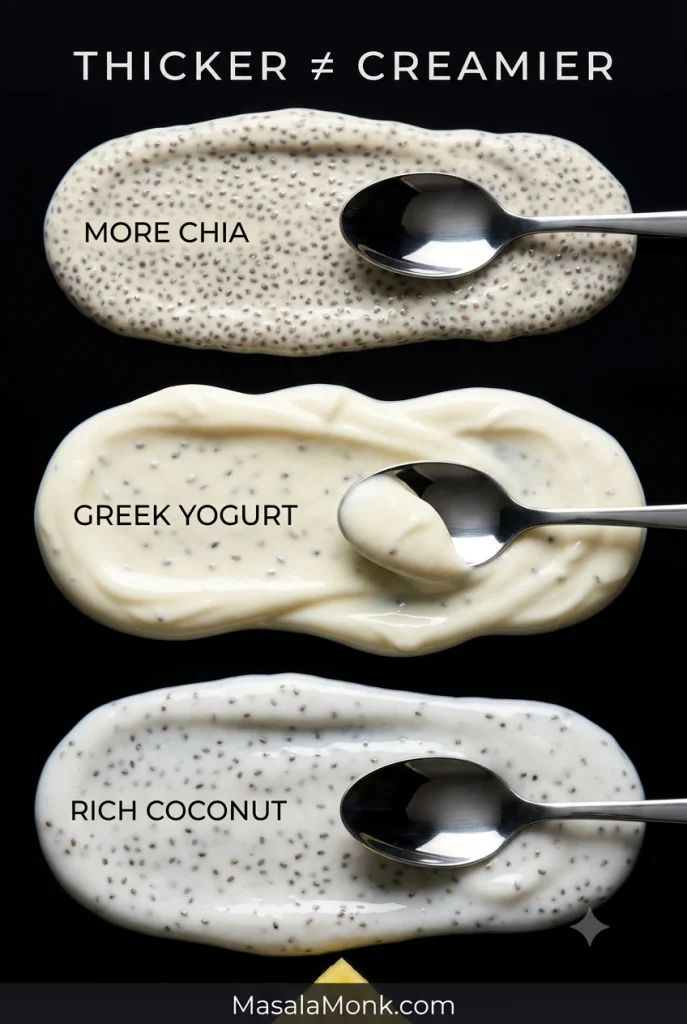 Three close-up chia pudding textures compare a dense mixture with more chia, silky Greek yogurt chia pudding and glossy rich coconut chia pudding.