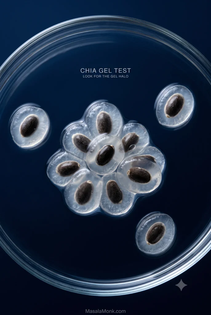 Macro view of hydrated chia seeds in water, each surrounded by a translucent gel halo, with several gelled seeds overlapping in a small cluster.