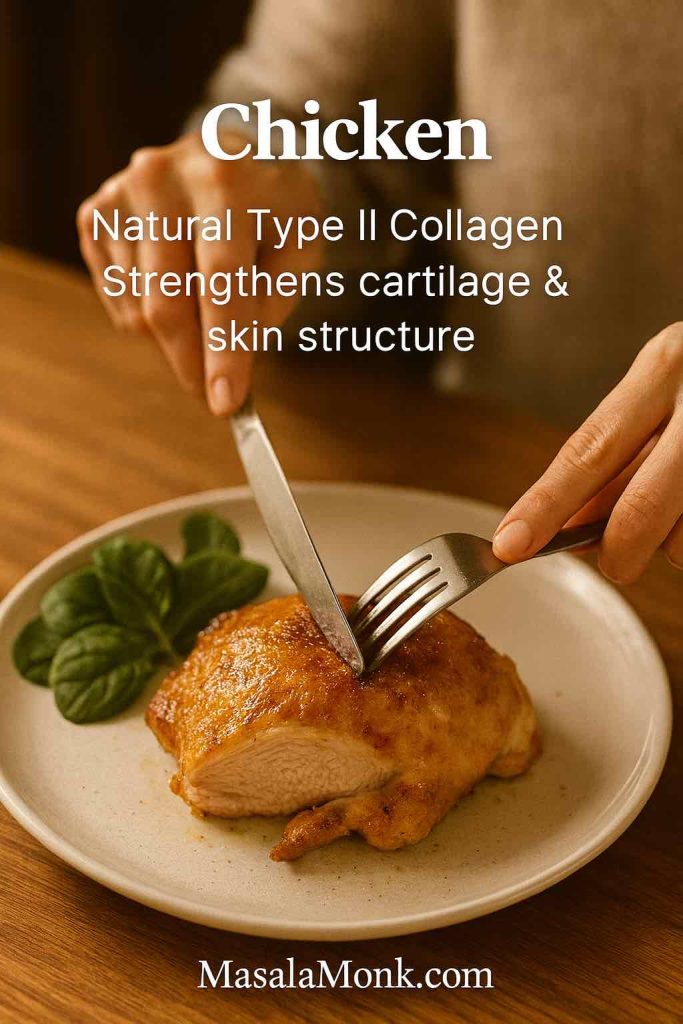Cooked chicken breast being cut, showing its natural type II collagen for cartilage and skin health.