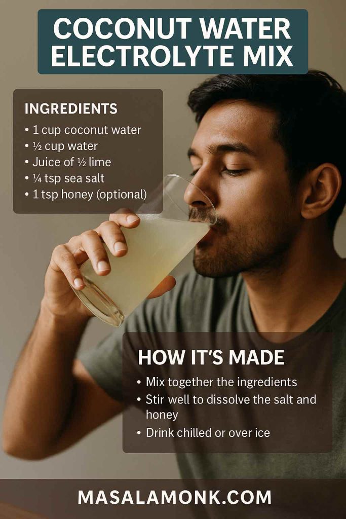 Man drinking homemade coconut water electrolyte mix to rehydrate after a hangover.