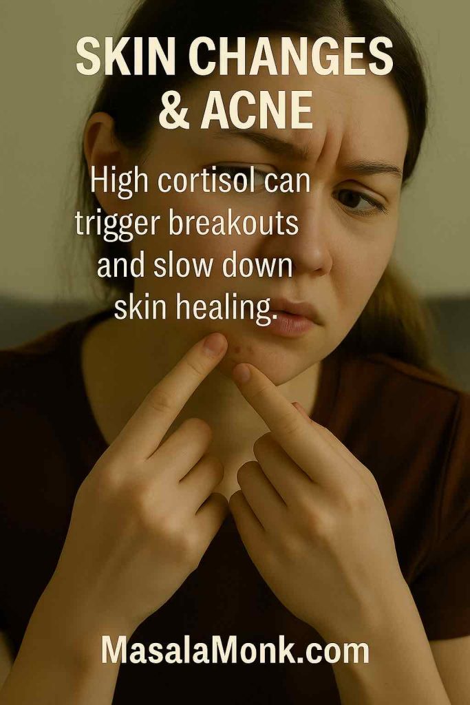 Woman examining chin acne breakout, representing skin issues caused by high cortisol.