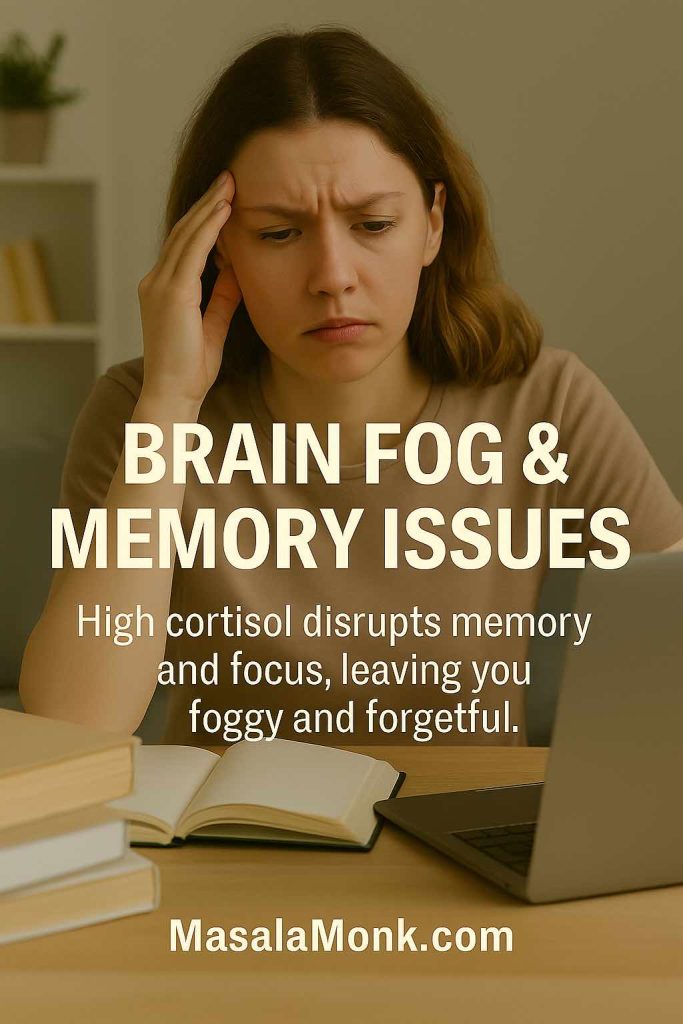 Frustrated woman with open books, showing brain fog and memory problems linked to high cortisol.