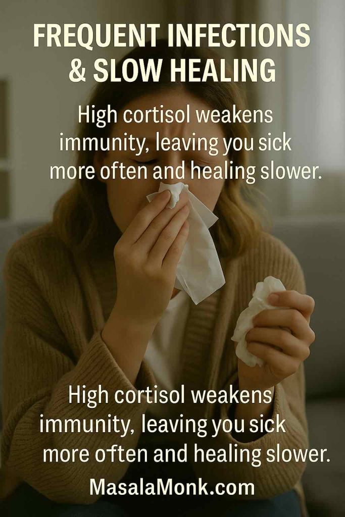 Young woman blowing her nose with a tissue, representing frequent infections and slow healing due to high cortisol.