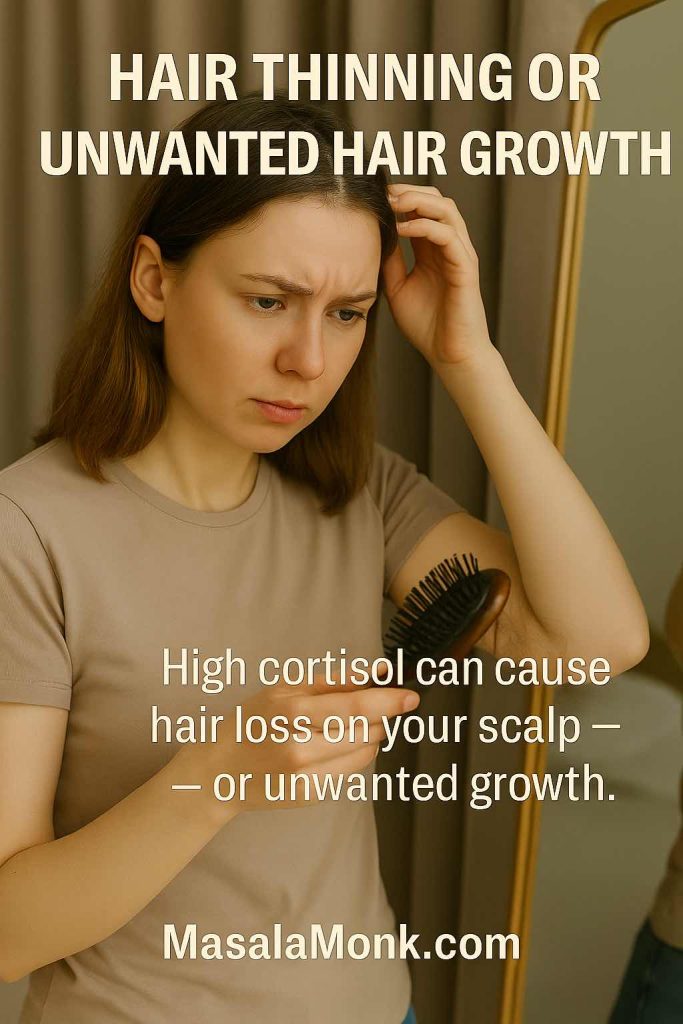 Woman checking hair loss in comb, showing hair thinning caused by high cortisol imbalance.