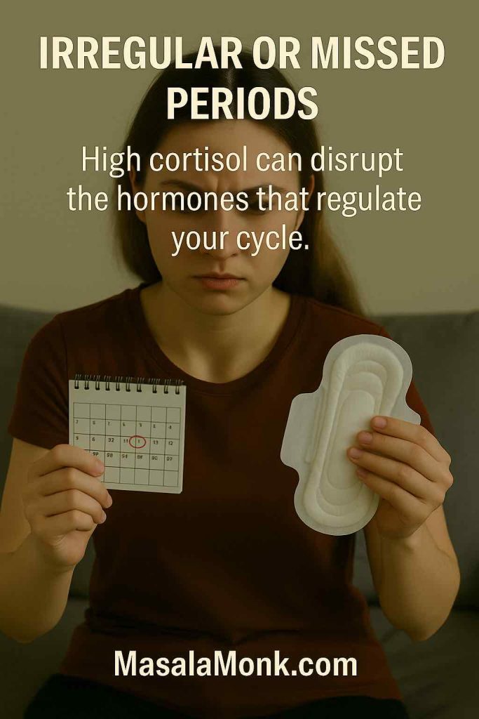 Young woman holding a period calendar and a sanitary pad, showing irregular menstrual cycles linked to high cortisol.