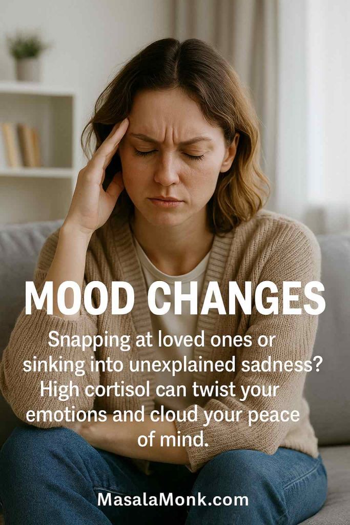 Stressed woman holding her head, showing mood swings and sadness caused by high cortisol in women.