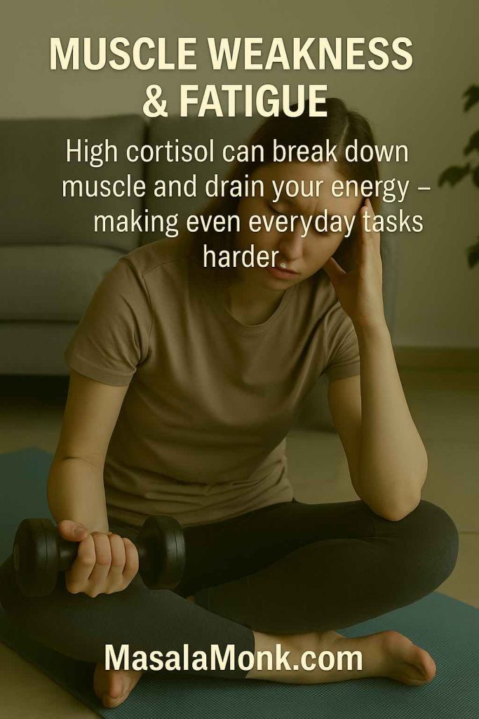 Tired woman holding dumbbell while sitting on yoga mat, showing muscle weakness and fatigue due to high cortisol.