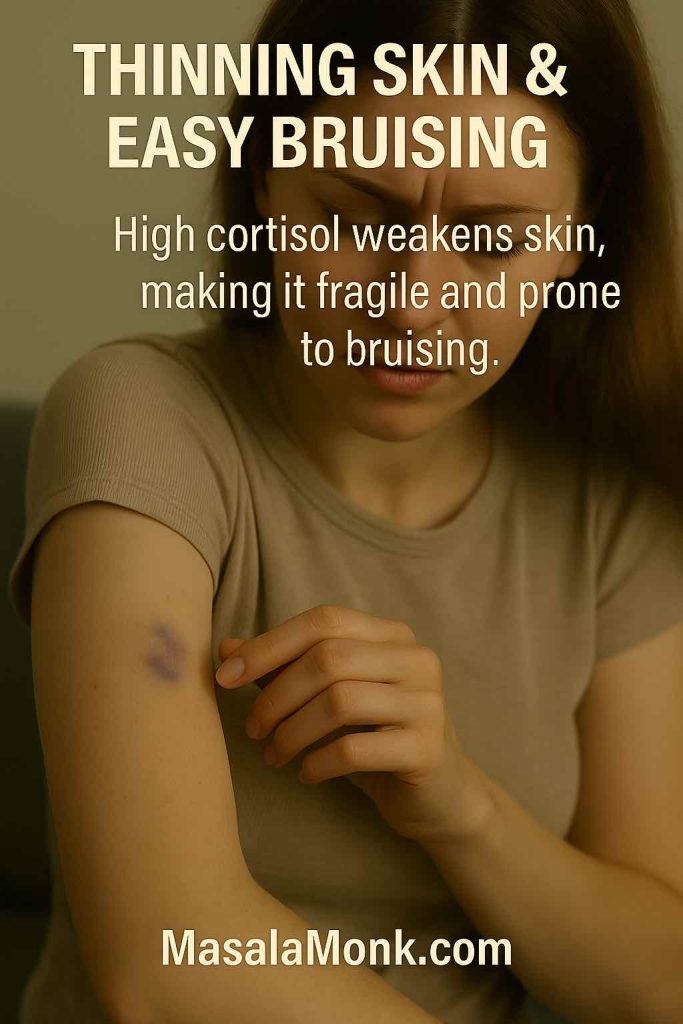 Woman showing a purple bruise on her arm, representing thinning skin and bruising from high cortisol.