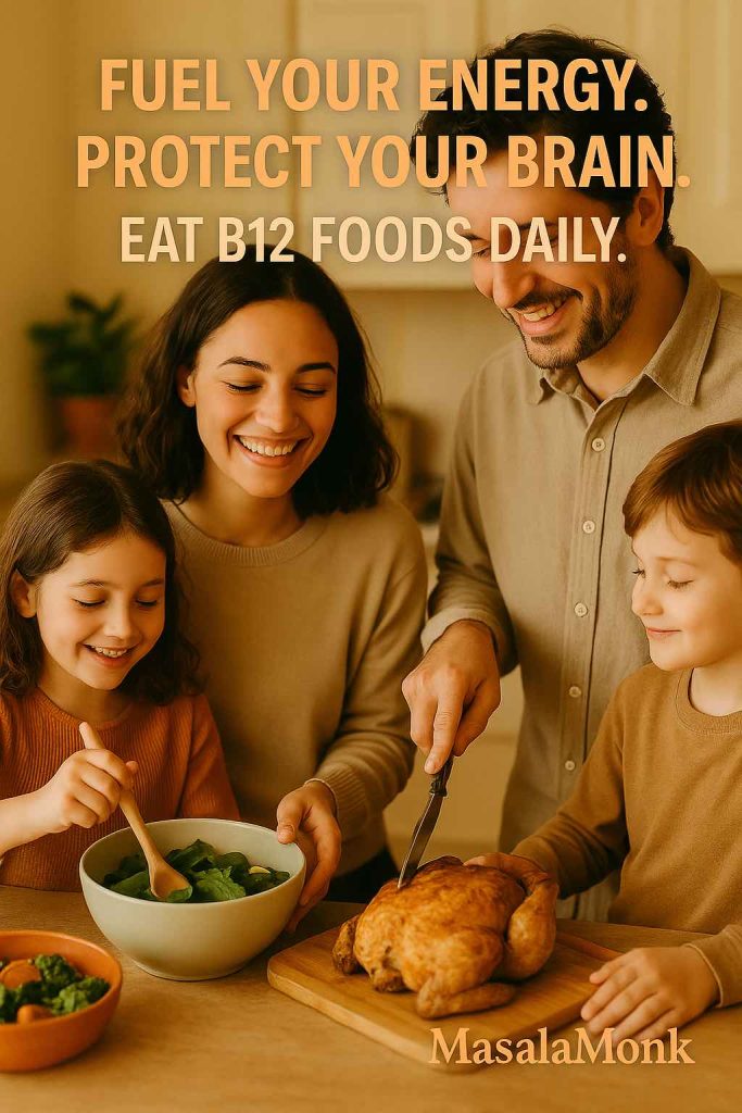 Family cooking together, highlighting the importance of Vitamin B12 for energy and brain health.