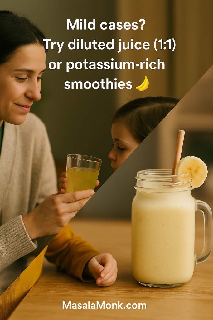 Diluted juice and banana smoothie as mild natural electrolyte drinks for diarrhea recovery.