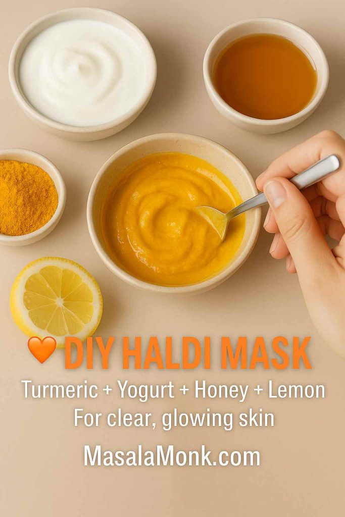 Flatlay of turmeric face mask ingredients including turmeric, yogurt, honey, and lemon.