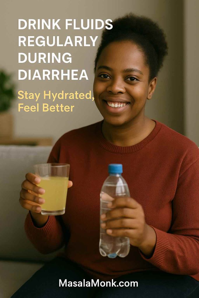 Smiling woman holding a glass of electrolyte drink and a water bottle to stay hydrated during diarrhea.